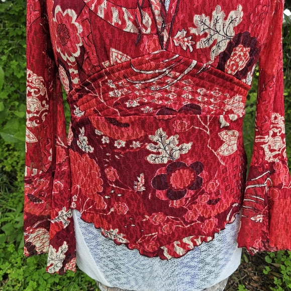 90s Red Floral Paisley Lace Bell Sleeved Fairycore Whimisgoth Style Top Small - Picture 5 of 10